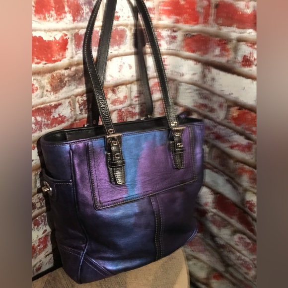 STUNNING Authentic Coach Metallic Purple & Blue Leather Handbag Tote - Picture 7 of 13